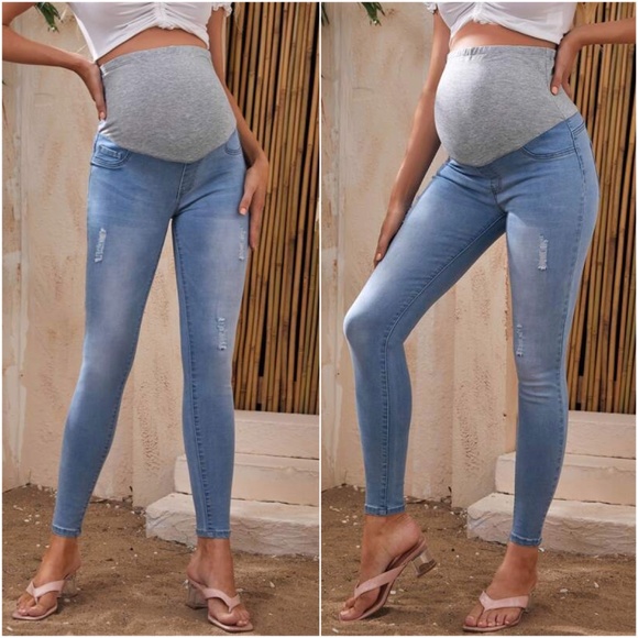 Bellanblue Denim - Maternity Wide Band Stretchy Waist Light Wash Distressed Denim Skinny Jeans